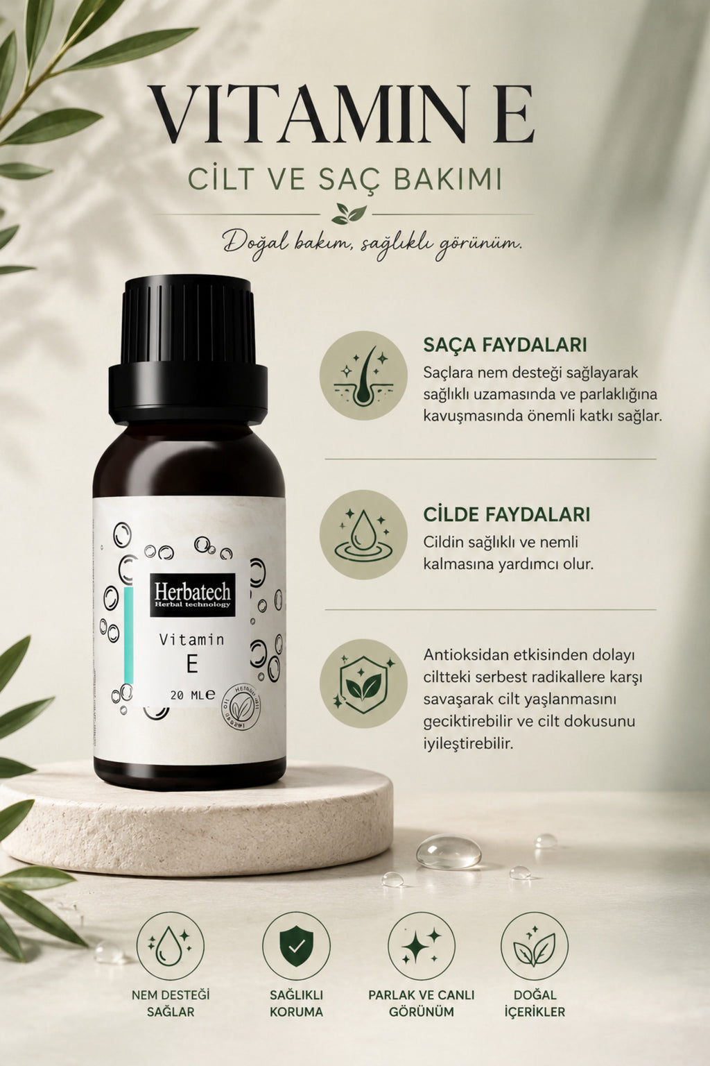 Saf E Vitamini Serumu 20 ml - Saç, Cilt, Kirpik Ve Tırnak Bakım Yağı - Besleyici Ve Onarıcı