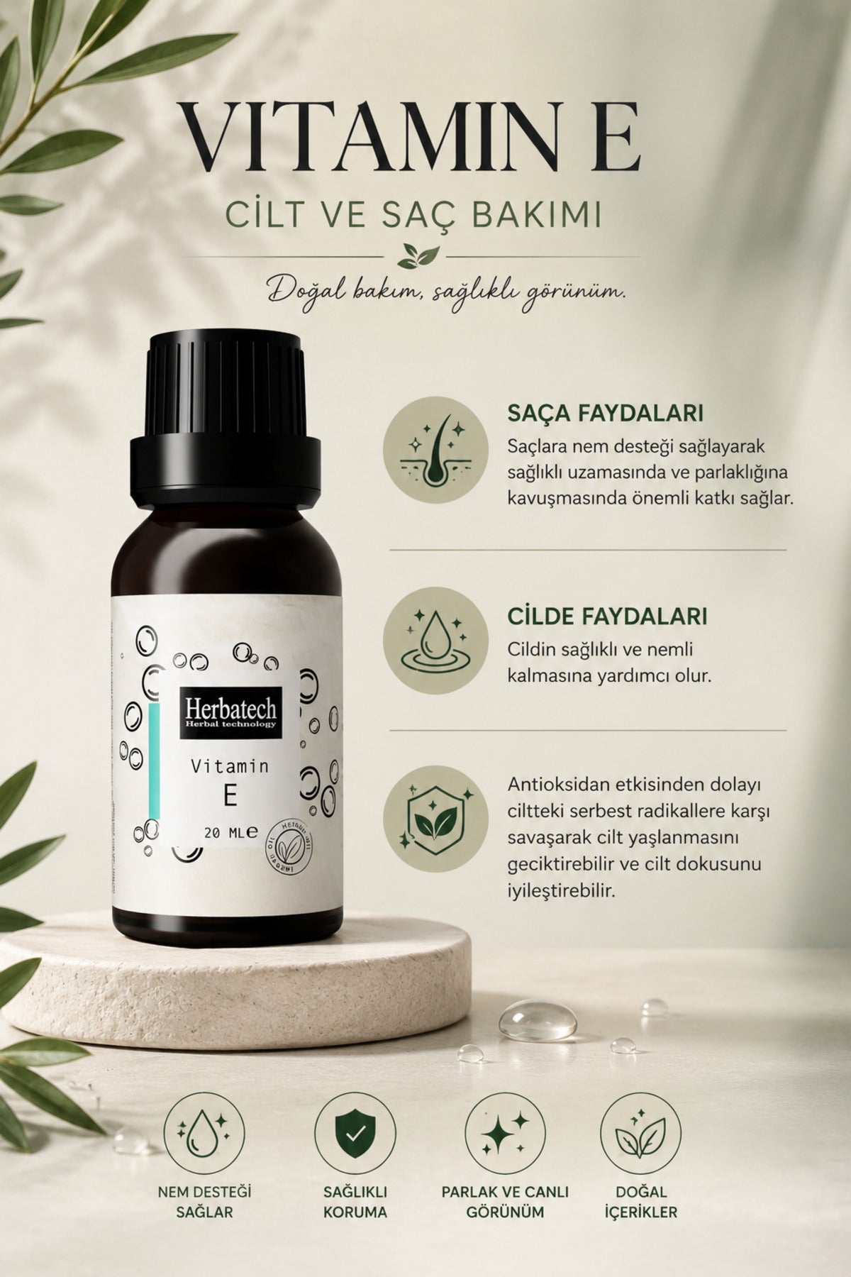 Saf E Vitamini Serumu 20 ml - Saç, Cilt, Kirpik Ve Tırnak Bakım Yağı - Besleyici Ve Onarıcı