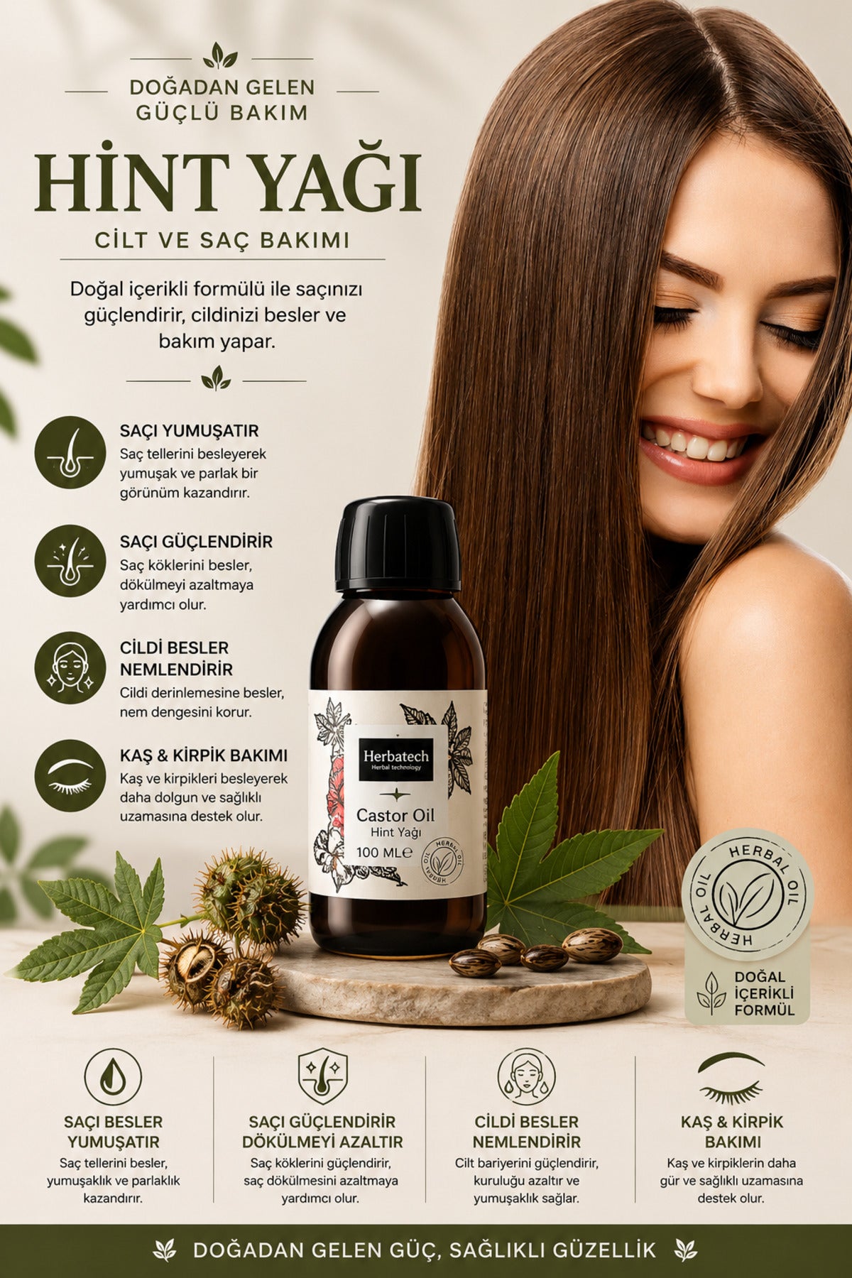 Doğal Hint Yağı - Hızlı Saç Uzatıcı, Kaş, Kirpik Saç Dökülmelerine Karşı Bakım Yağı 100 ml