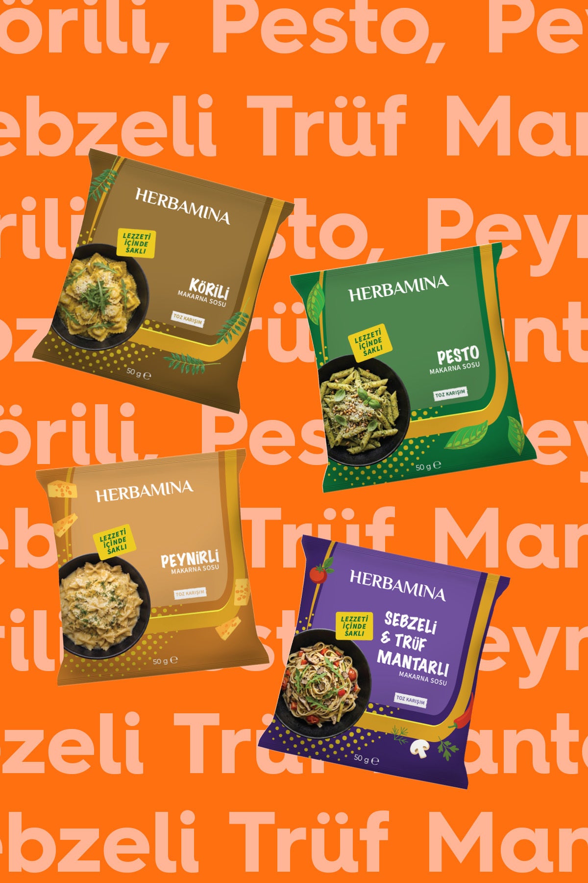 4'lü Pratik Makarna Sosu Seti - Körili, Pesto, Sebzeli & Trüf Mantarlı, Peynirli - 50g x 4 Adet
