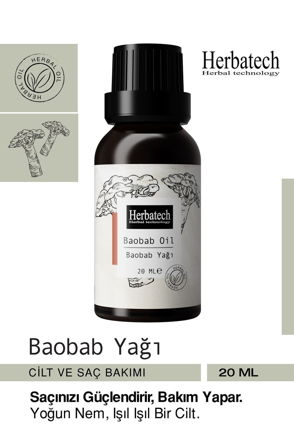Doğal Baobab Yağı - Saç Cilt İçin Yoğun Onarıcı ve Nemlendirici Bakım Yağı 20 ml