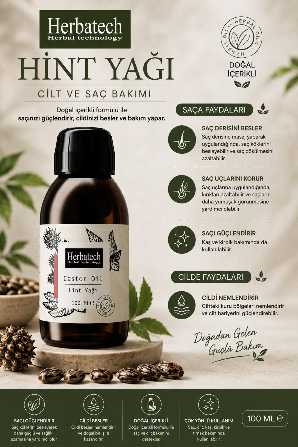 Doğal Hint Yağı - Hızlı Saç Uzatıcı, Kaş, Kirpik Saç Dökülmelerine Karşı Bakım Yağı 100 ml