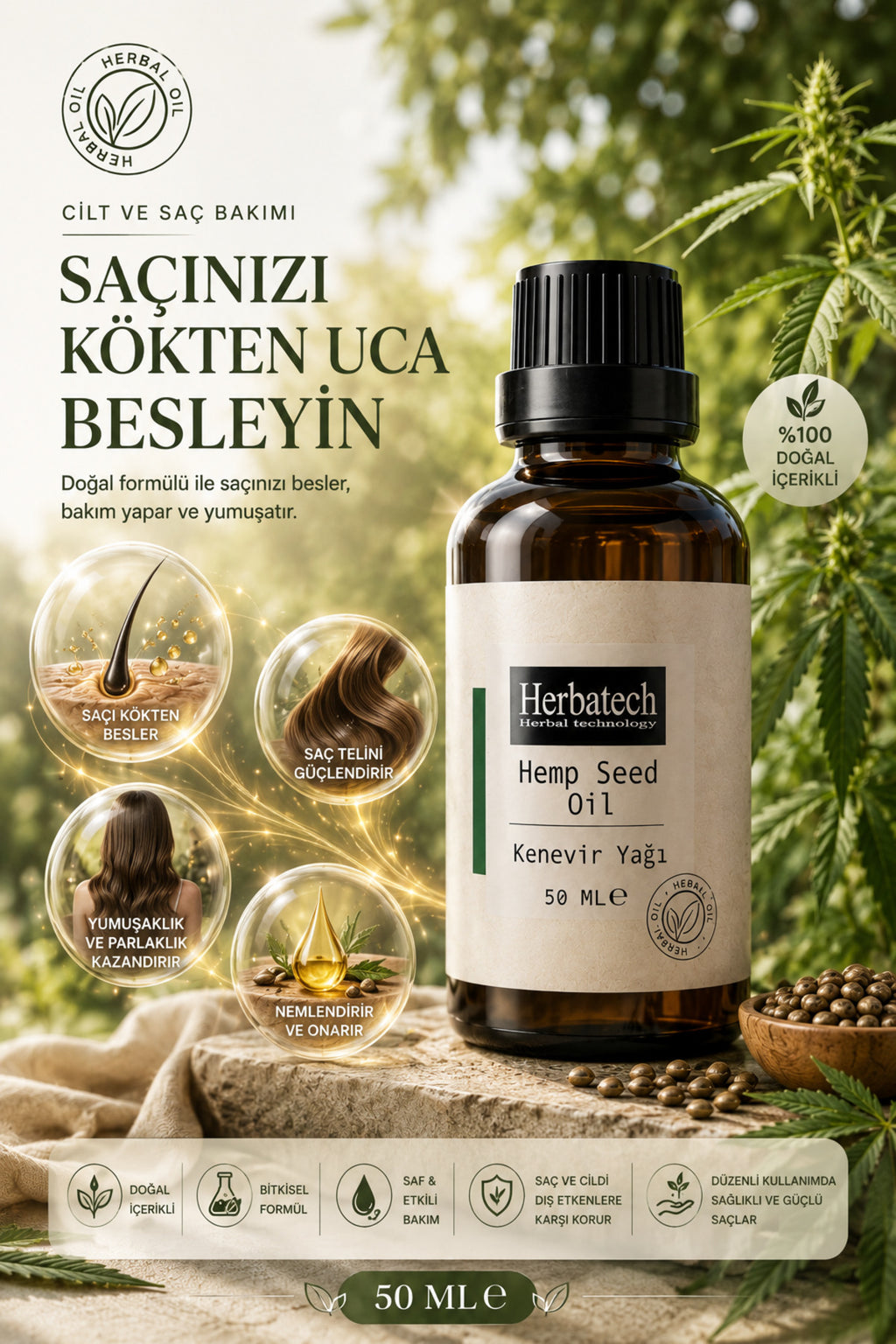 Doğal Kenevir Yağı 50 ml - Bitkisel Saç Bakım Yağı, Saç Besleyici ve Nemlendirici Bakım Yağ