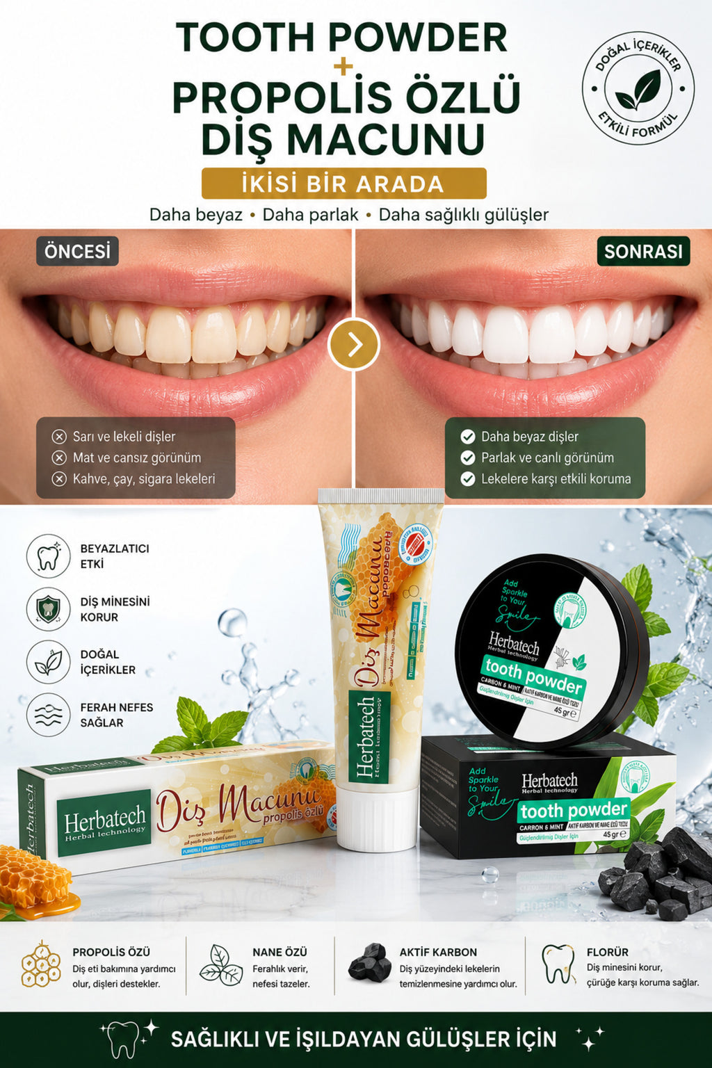 Diş Beyazlatma Seti - Aktif Karbon Diş Tozu 45 gr Tooth Powder + Propolis Özlü Diş Macunu 75 ml