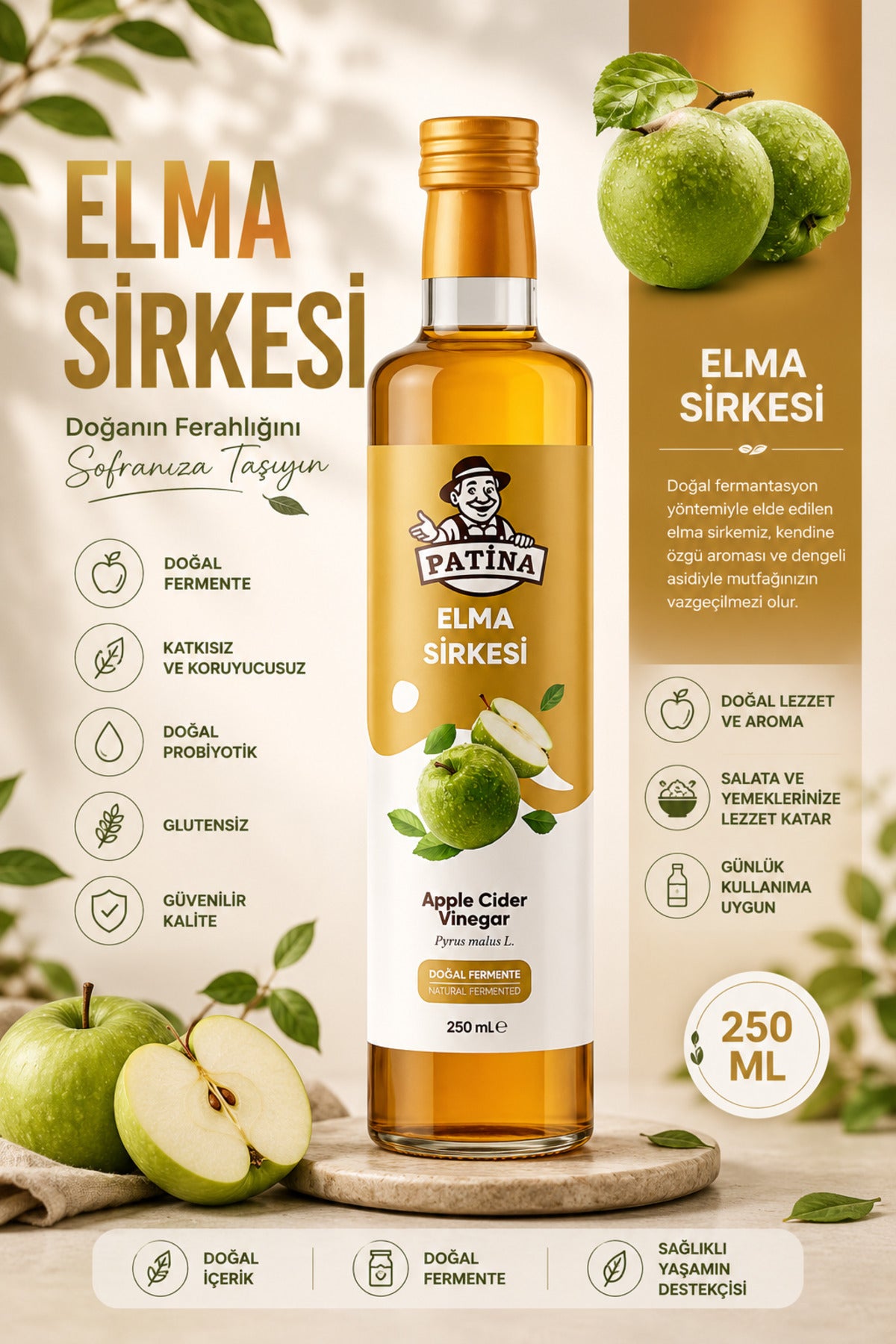 Doğal Yeşil Elma Sirkesi - Katkısız Doğal Fermente Sirke 250 ml