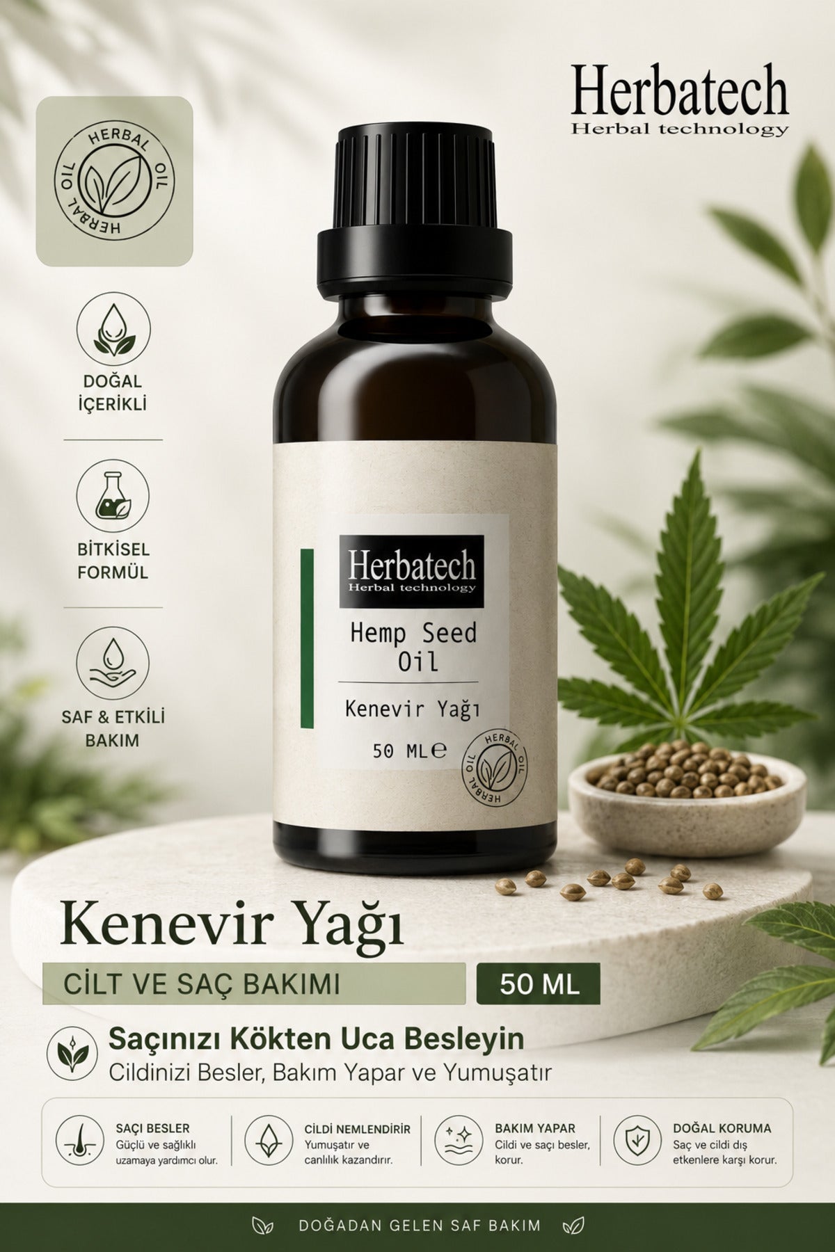 Doğal Kenevir Yağı 50 ml - Bitkisel Saç Bakım Yağı, Saç Besleyici ve Nemlendirici Bakım Yağ