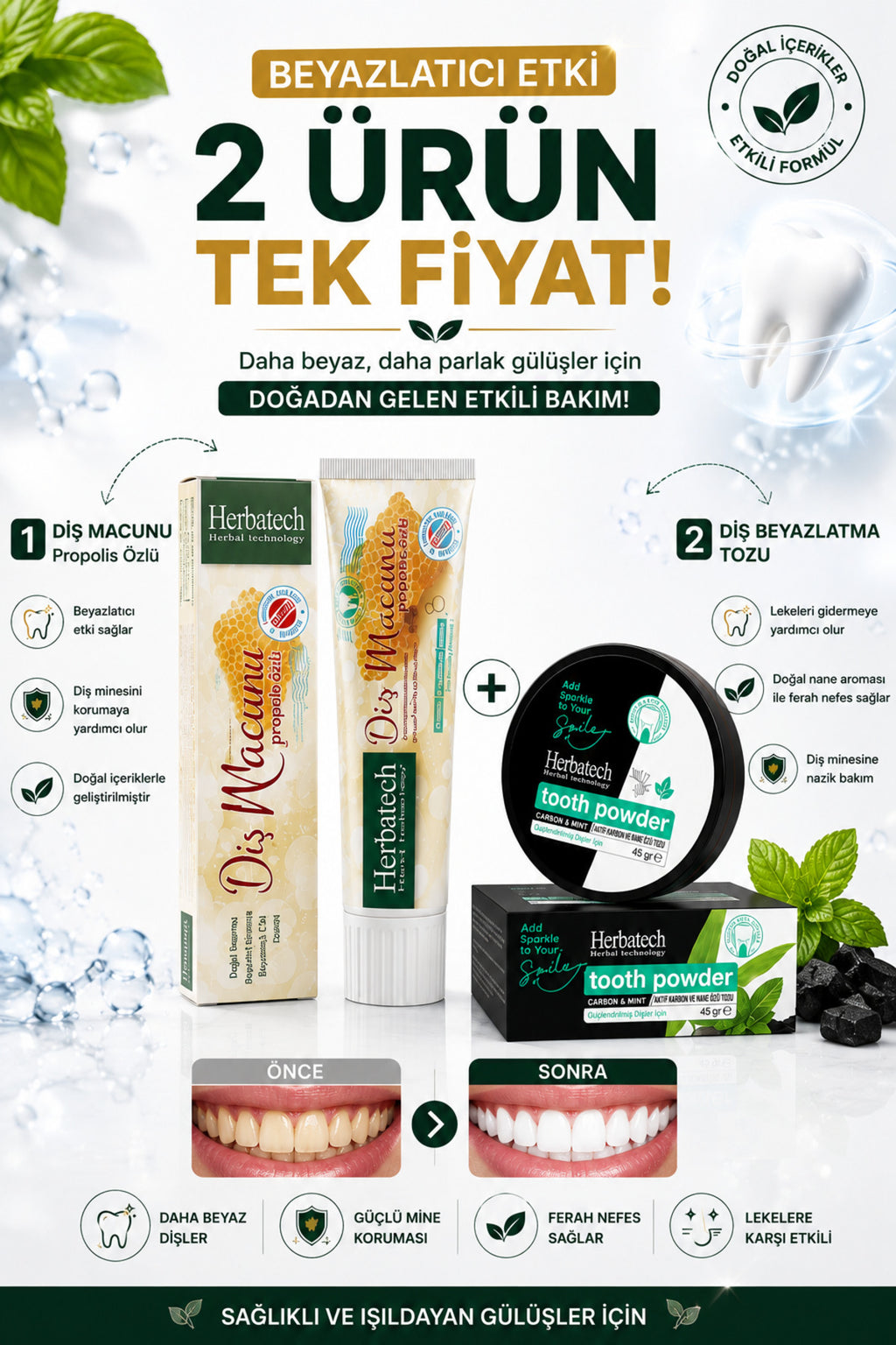 Diş Beyazlatma Seti - Aktif Karbon Diş Tozu 45 gr Tooth Powder + Propolis Özlü Diş Macunu 75 ml