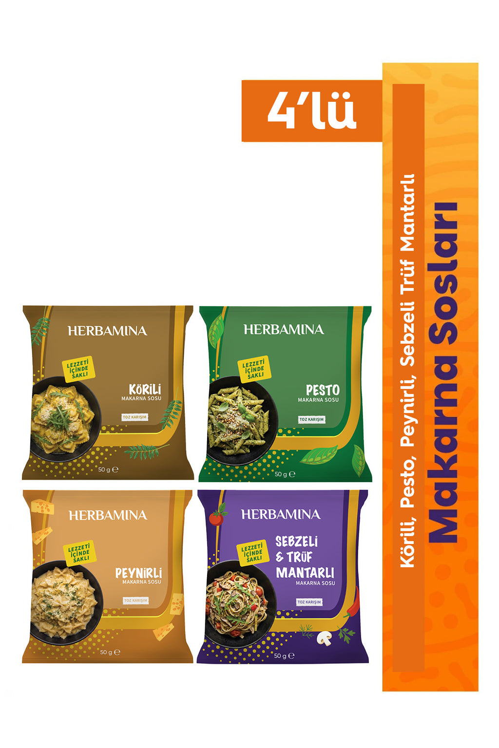4'lü Pratik Makarna Sosu Seti - Körili, Pesto, Sebzeli & Trüf Mantarlı, Peynirli - 50g x 4 Adet