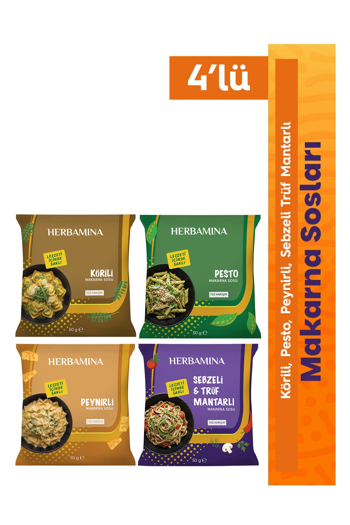 4'lü Pratik Makarna Sosu Seti - Körili, Pesto, Sebzeli & Trüf Mantarlı, Peynirli - 50g x 4 Adet