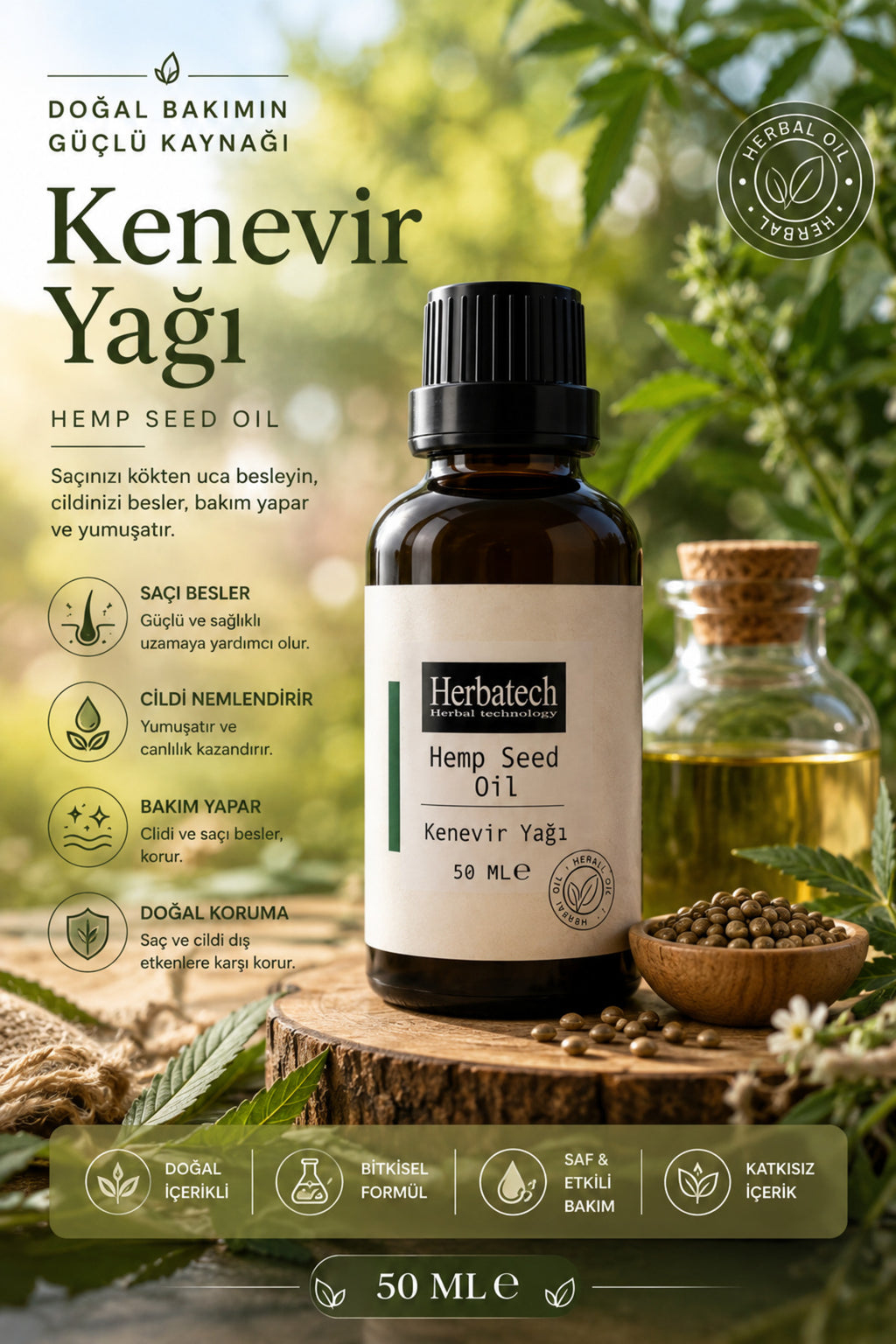 Doğal Kenevir Yağı 50 ml - Bitkisel Saç Bakım Yağı, Saç Besleyici ve Nemlendirici Bakım Yağ
