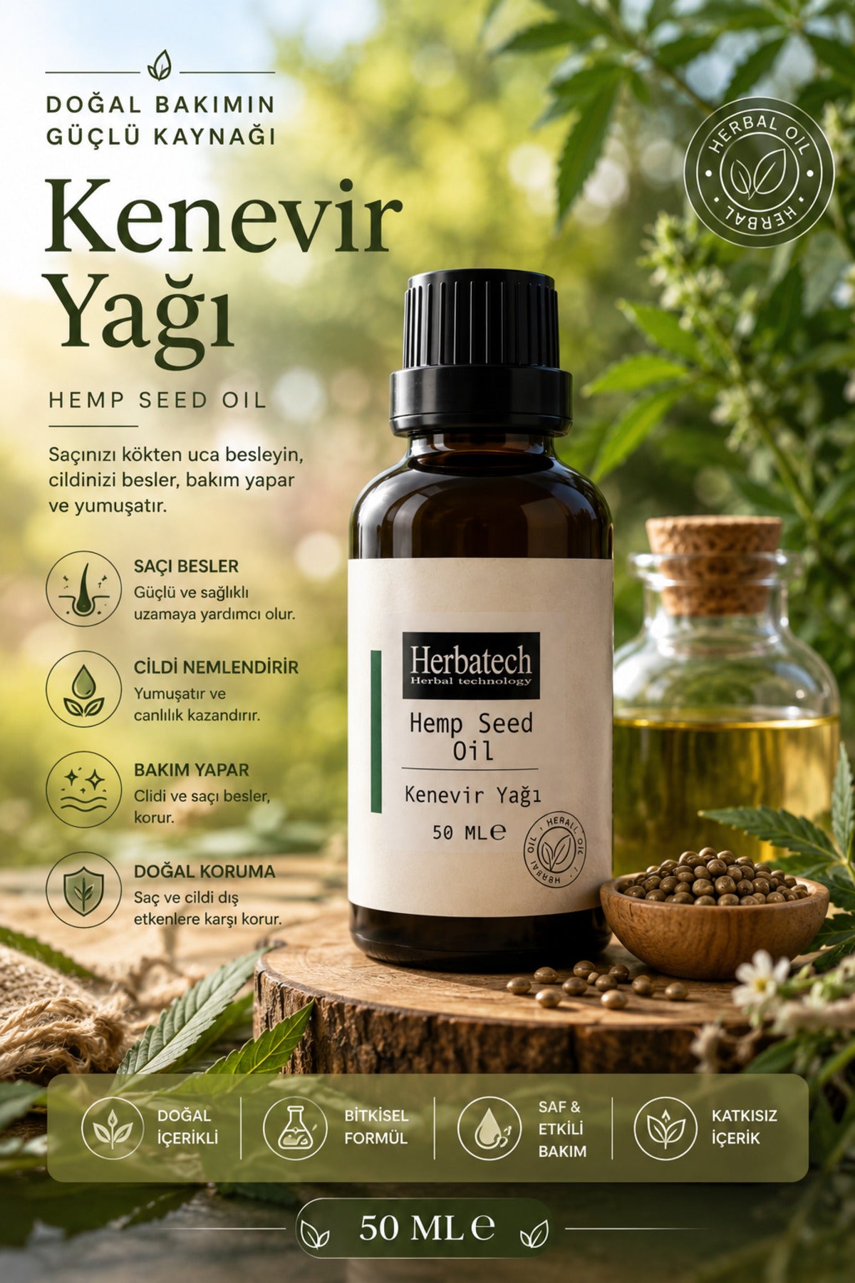 Doğal Kenevir Yağı 50 ml - Bitkisel Saç Bakım Yağı, Saç Besleyici ve Nemlendirici Bakım Yağ