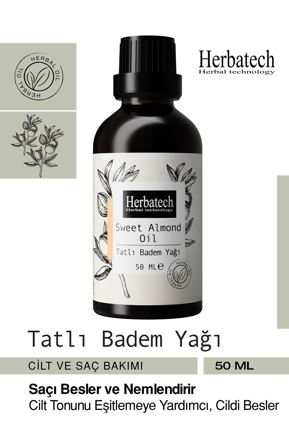 Doğal Tatlı Badem Yağı - Hızlı Saç Uzatıcı, Kaş Ve Kirpik Bakım Yağı 50 ml