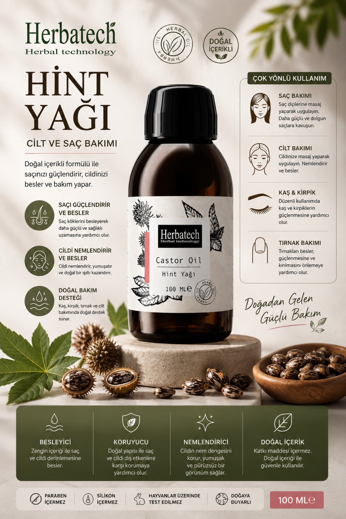 Doğal Hint Yağı - Hızlı Saç Uzatıcı, Kaş, Kirpik Saç Dökülmelerine Karşı Bakım Yağı 100 ml