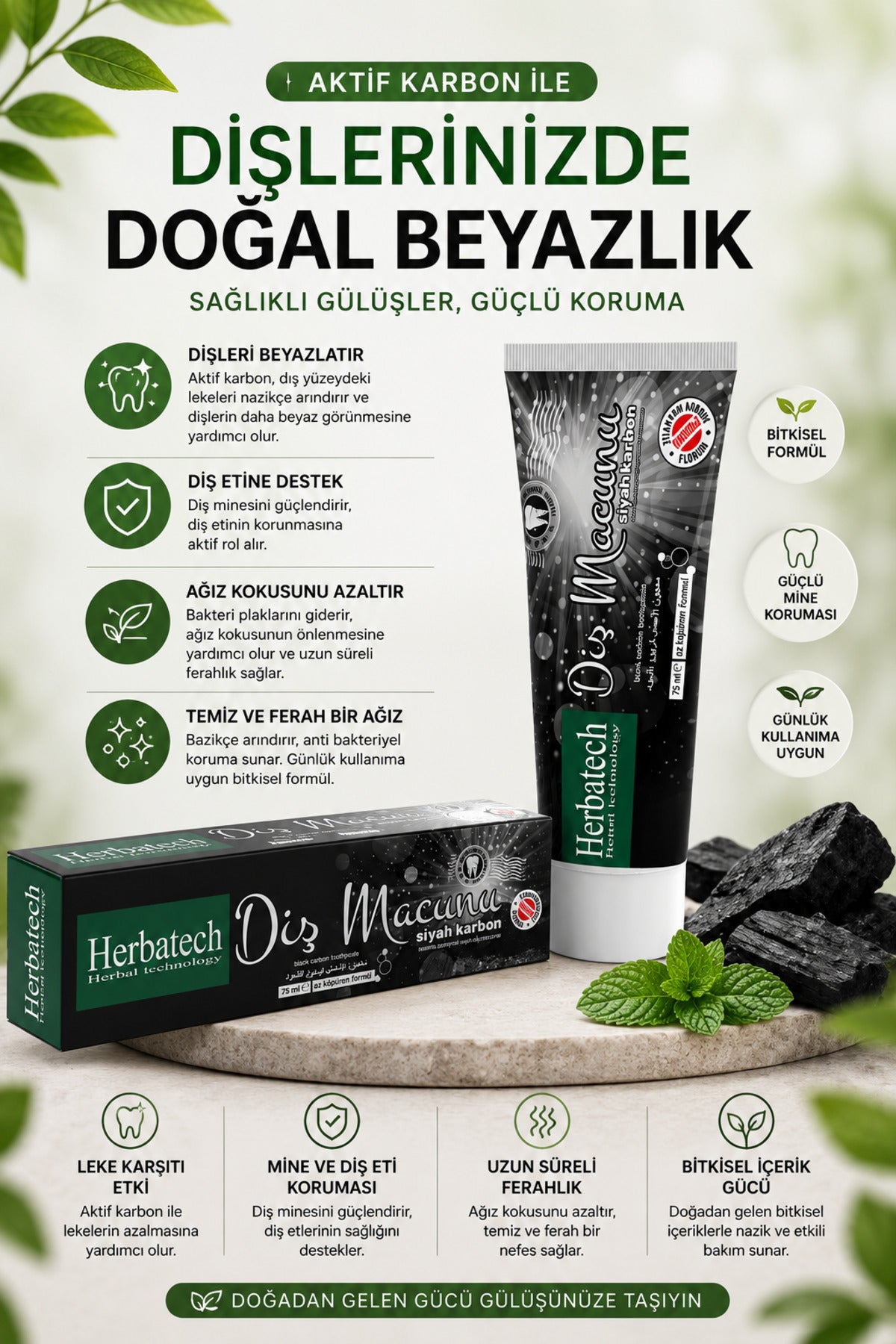 Aktif Karbonlu Siyah Diş Macunu - Doğal Beyazlatıcı Ve Leke Karşıtı 75 ml