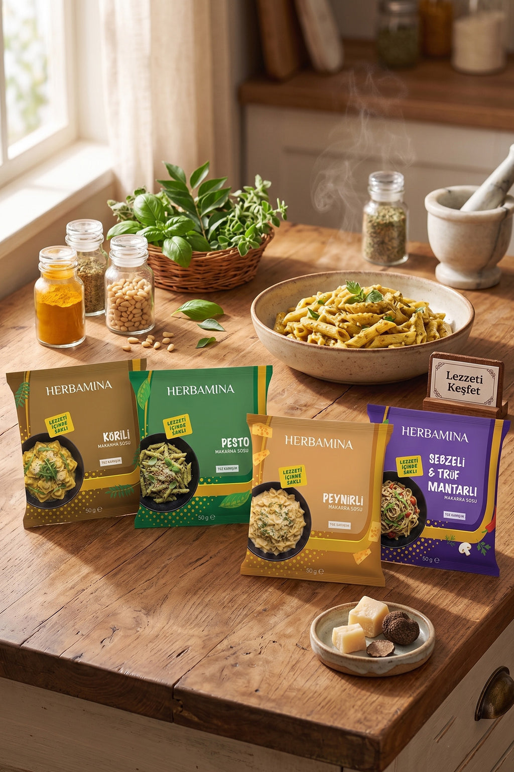 4'lü Pratik Makarna Sosu Seti - Körili, Pesto, Sebzeli & Trüf Mantarlı, Peynirli - 50g x 4 Adet