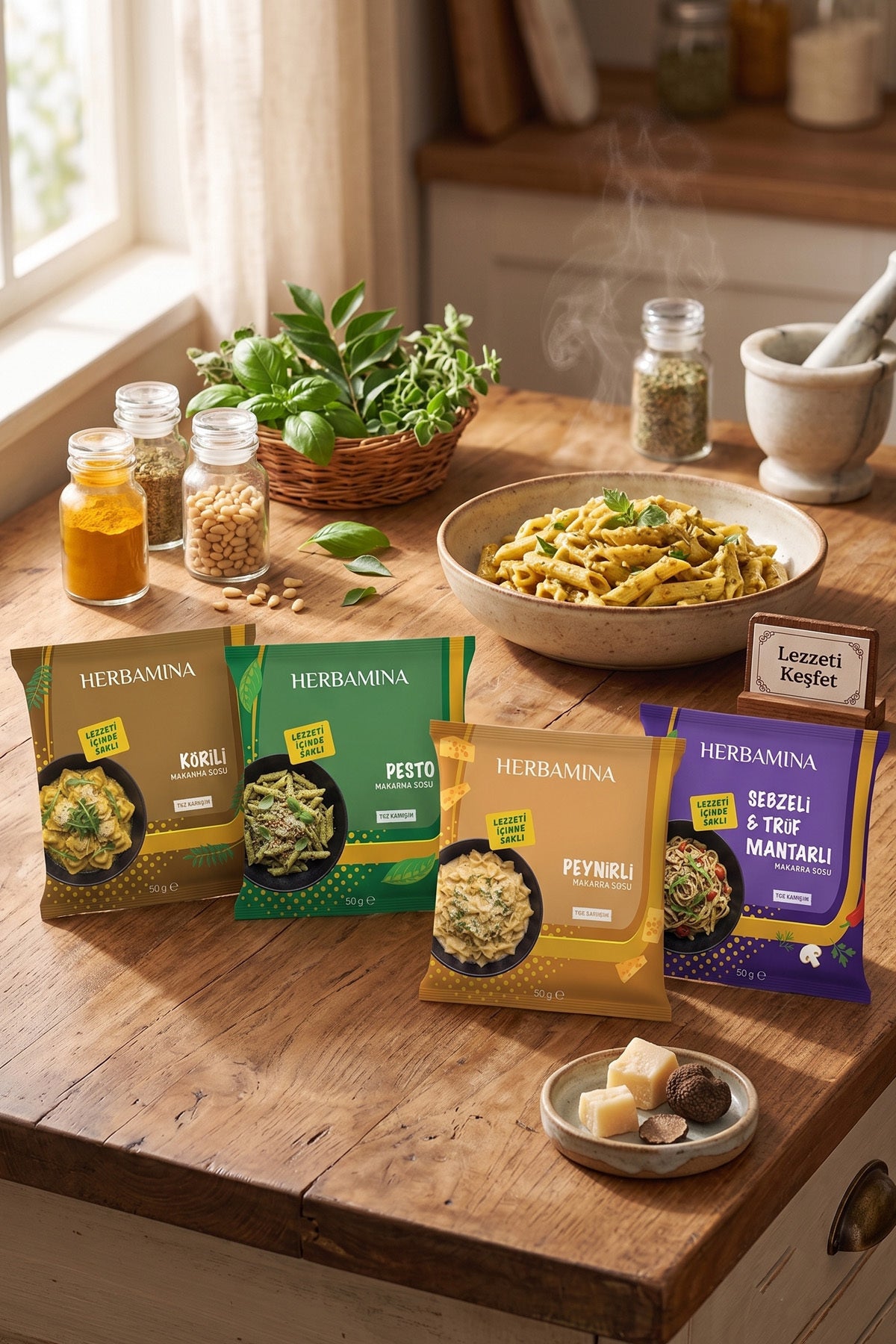 4'lü Pratik Makarna Sosu Seti - Körili, Pesto, Sebzeli & Trüf Mantarlı, Peynirli - 50g x 4 Adet