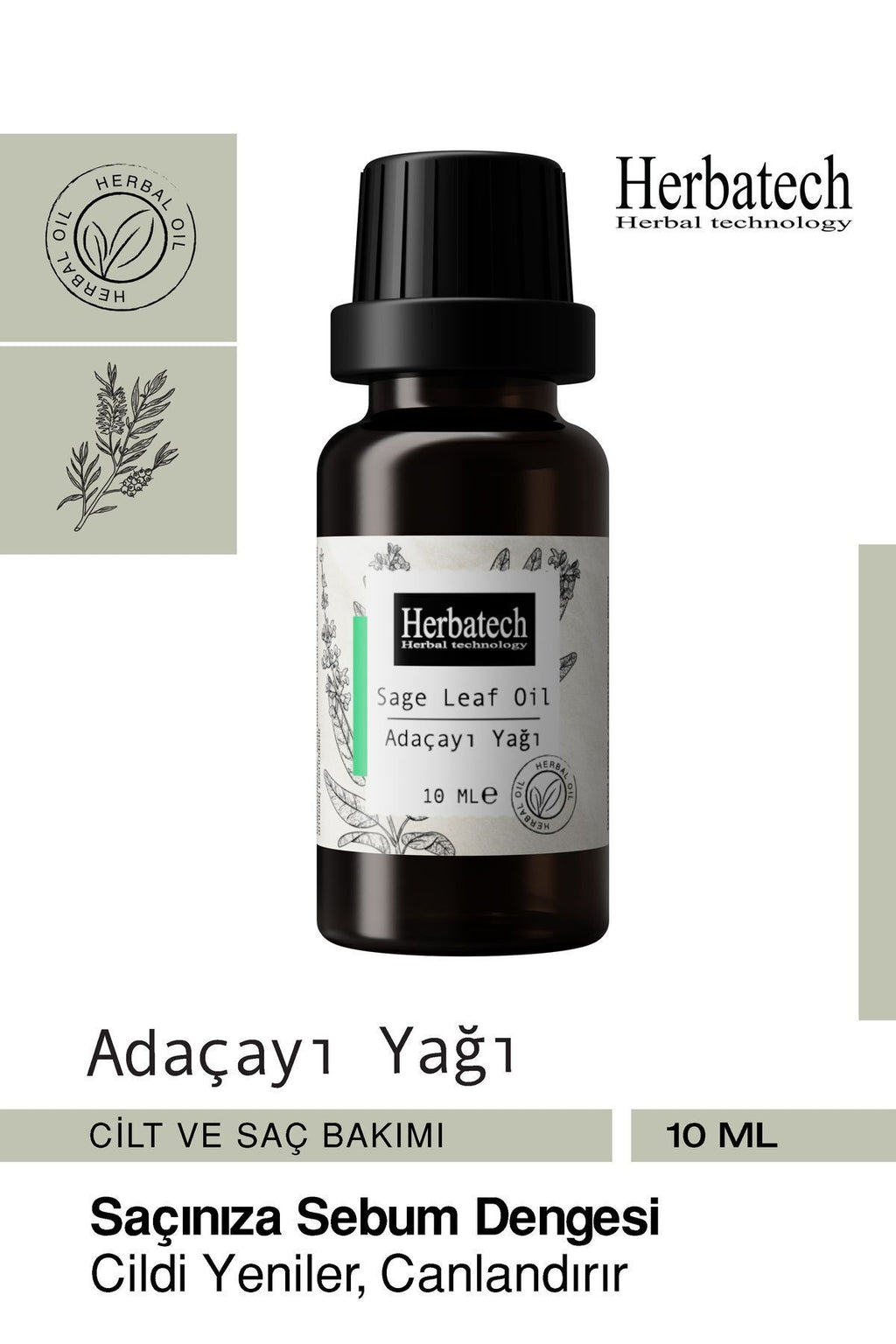 Doğal Adaçayı (Acı Elma) Yağı - , Arındırıcı Ve Cilt Dengeleyici Uçucu Yağ 10 ml