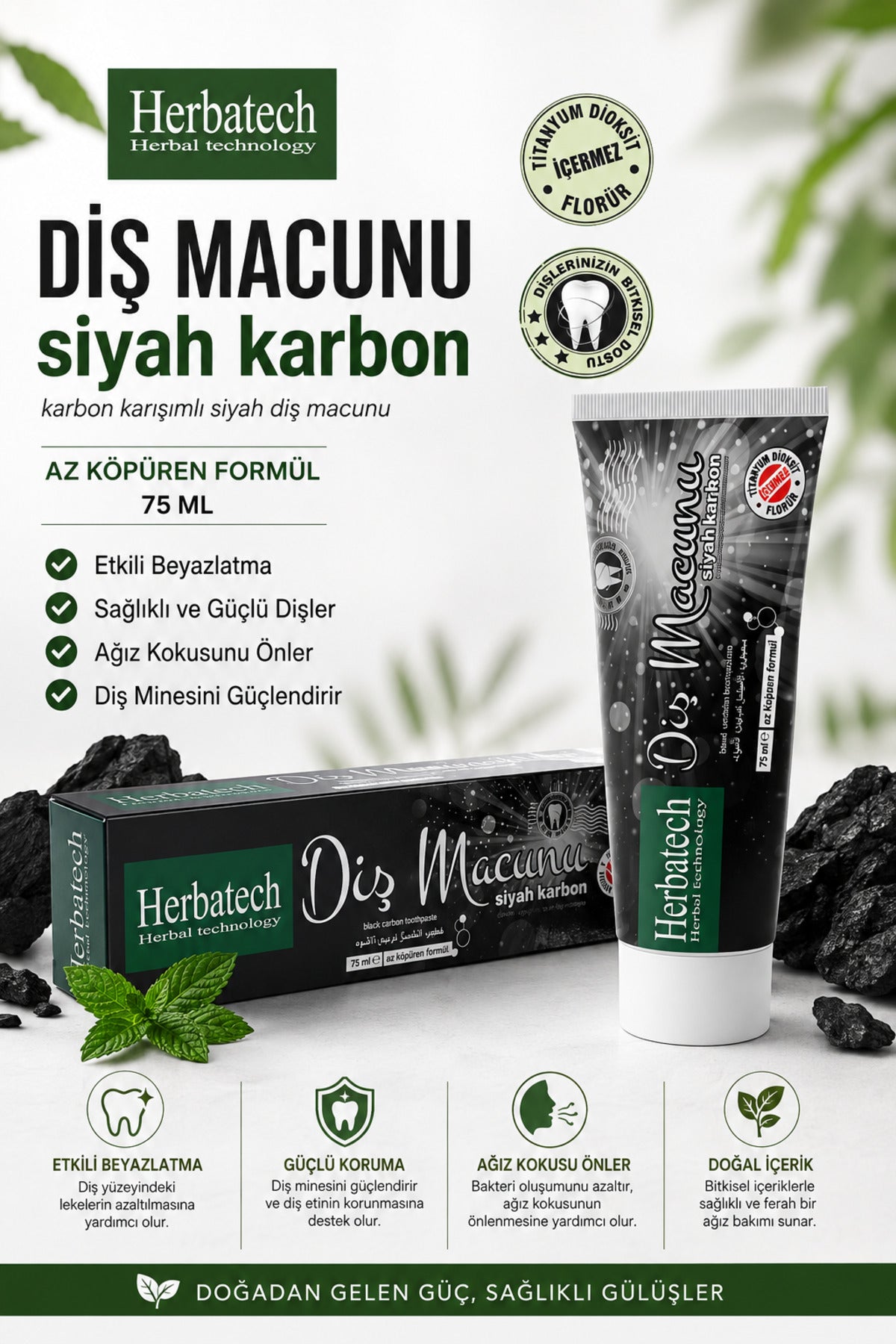 Aktif Karbonlu Siyah Diş Macunu - Doğal Beyazlatıcı Ve Leke Karşıtı 75 ml