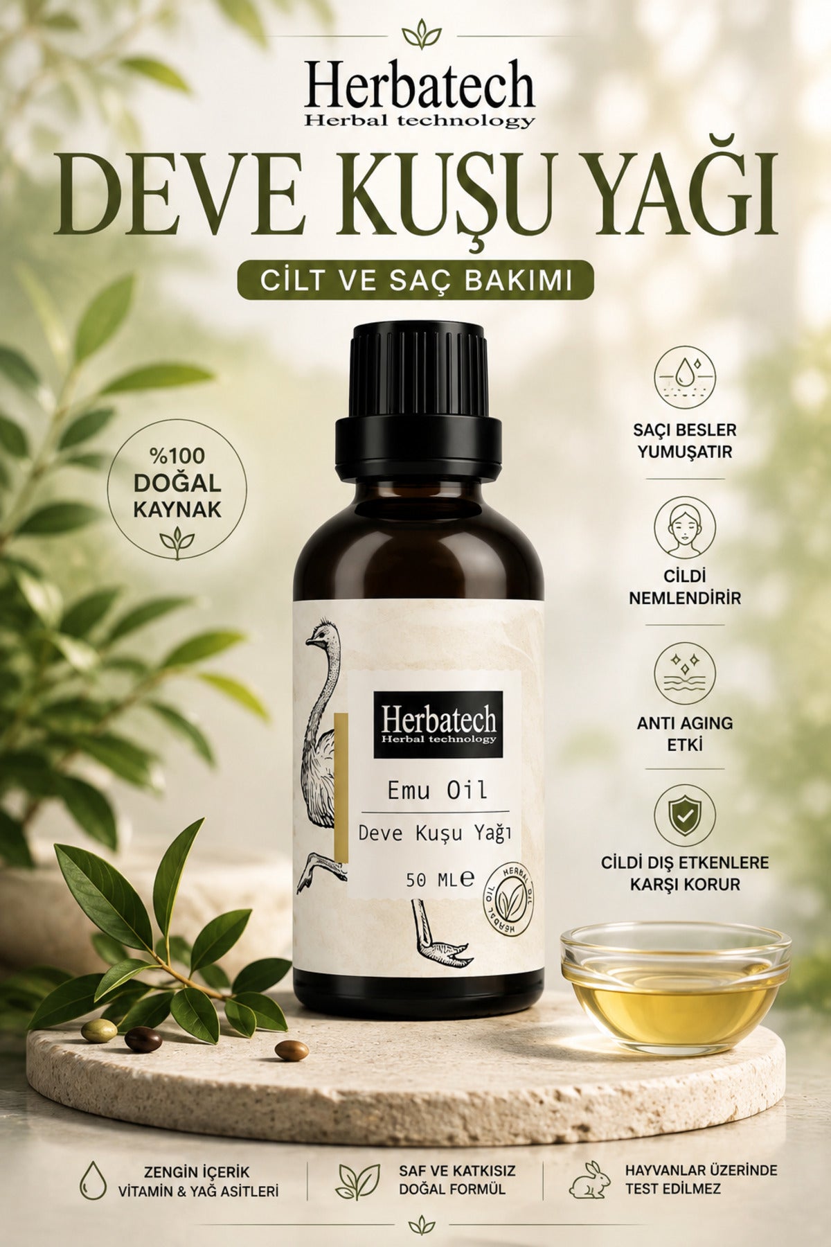 Doğal Deve Kuşu Yağı - Doğal Saf Masaj Saç Ve Cilt Bakım Yağı 50 ml