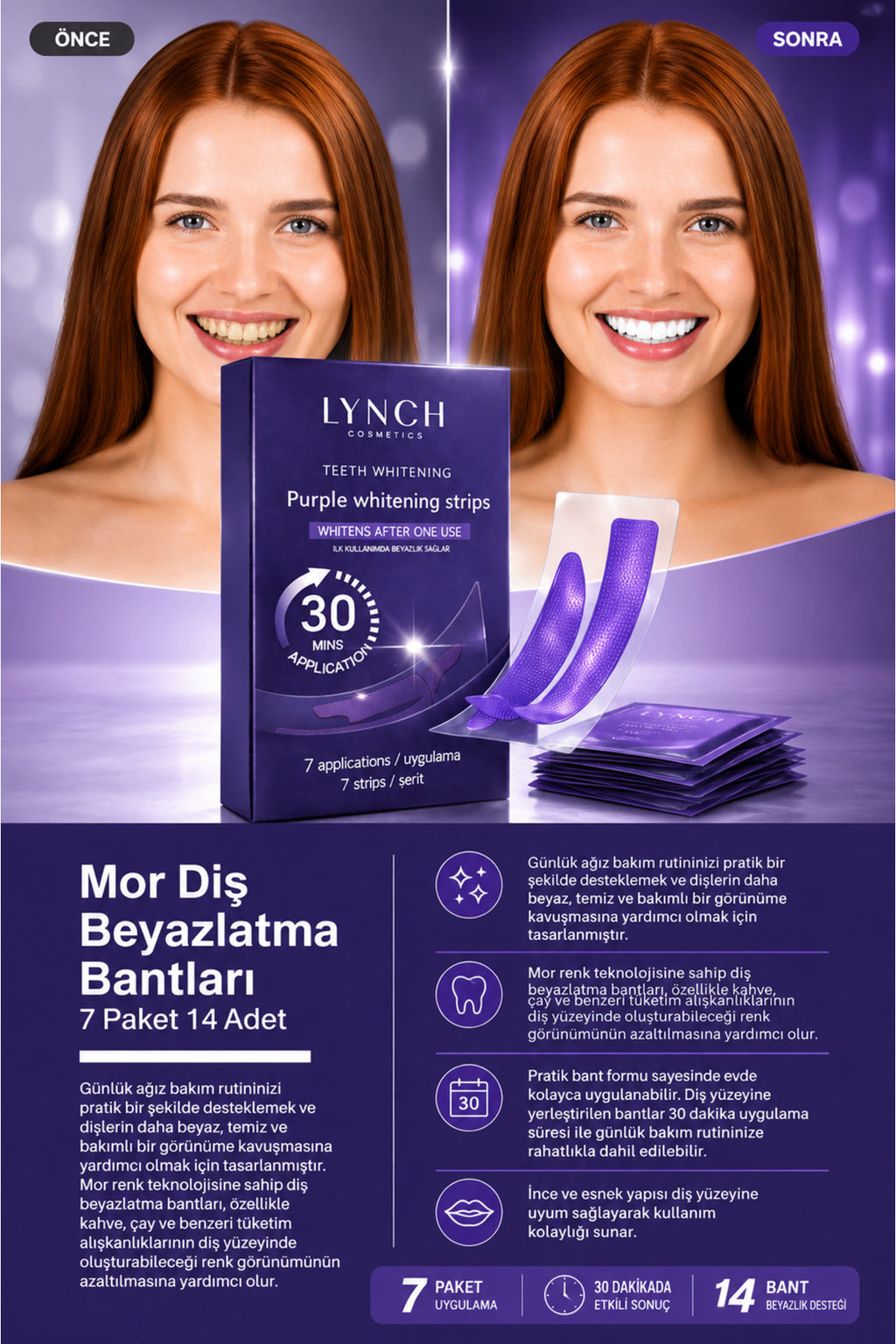 Mor Diş Beyazlatma Bantları - 7 Paket 14 Adet Bant