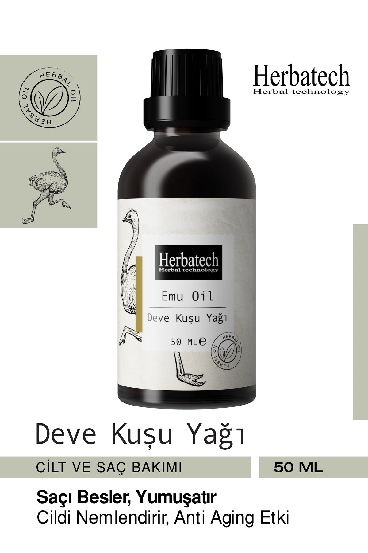 Doğal Deve Kuşu Yağı - Doğal Saf Masaj Saç Ve Cilt Bakım Yağı 50 ml