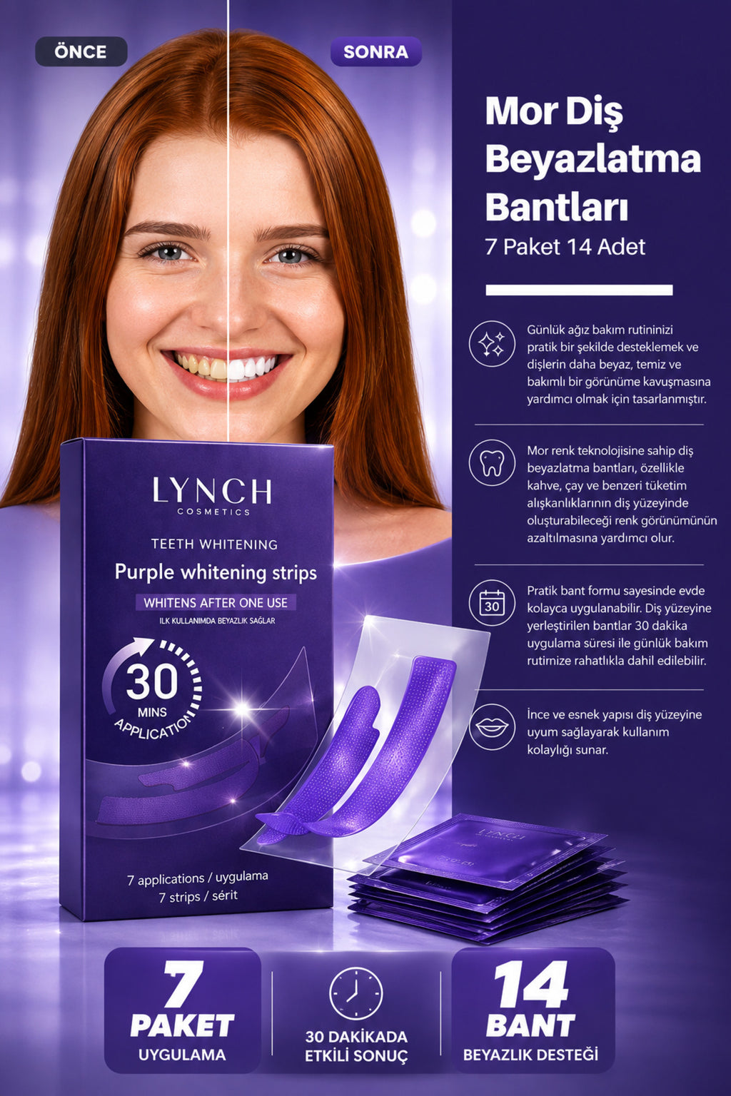 Mor Diş Beyazlatma Bantları - 7 Paket 14 Adet Bant