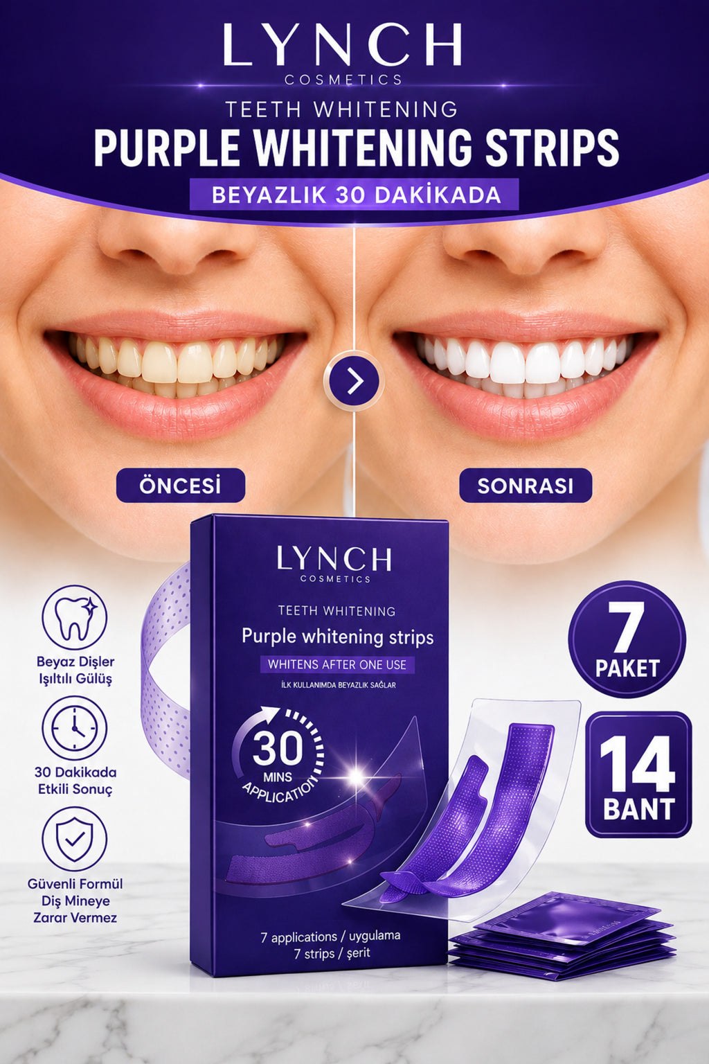 Mor Diş Beyazlatma Bantları - 7 Paket 14 Adet Bant
