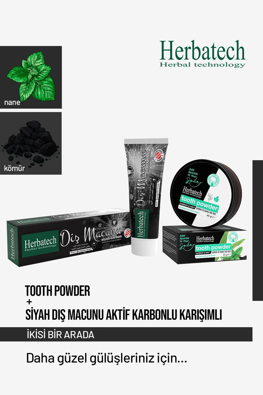 Diş Beyazlatma Seti - Aktif Karbonlu Siyah Diş Macunu 75 ml + Diş Tozu 45 gr