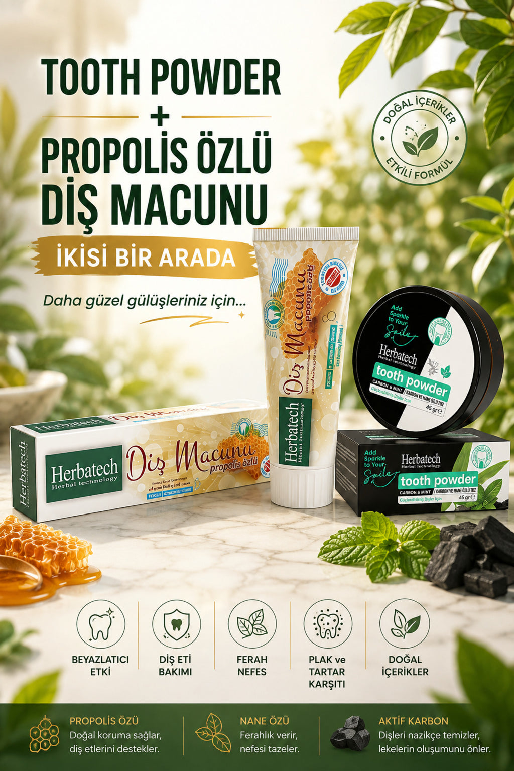 Diş Beyazlatma Seti - Aktif Karbon Diş Tozu 45 gr Tooth Powder + Propolis Özlü Diş Macunu 75 ml