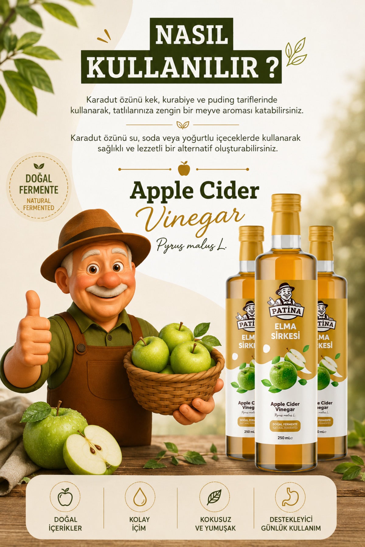 Doğal Yeşil Elma Sirkesi - Katkısız Doğal Fermente Sirke 250 ml