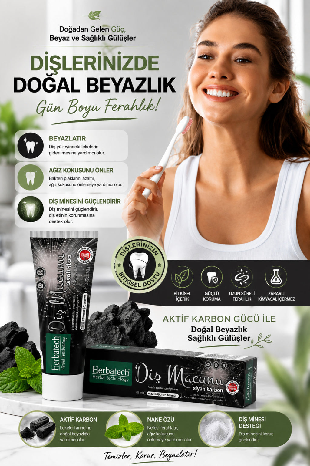 Aktif Karbonlu Siyah Diş Macunu - Doğal Beyazlatıcı Ve Leke Karşıtı 75 ml