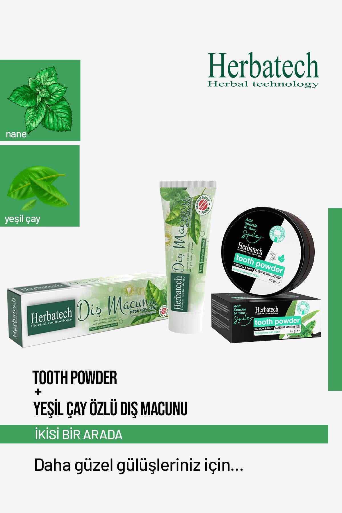 Diş Beyazlatma Seti - Yeşil Çay Özlü Diş Macunu 75 ml + Diş Tozu 45 gr