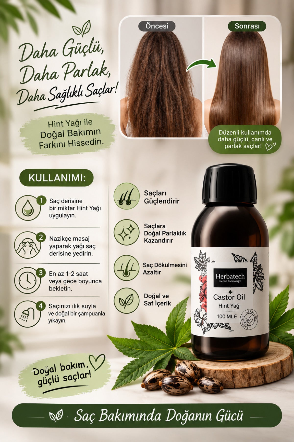 Doğal Hint Yağı - Hızlı Saç Uzatıcı, Kaş, Kirpik Saç Dökülmelerine Karşı Bakım Yağı 100 ml