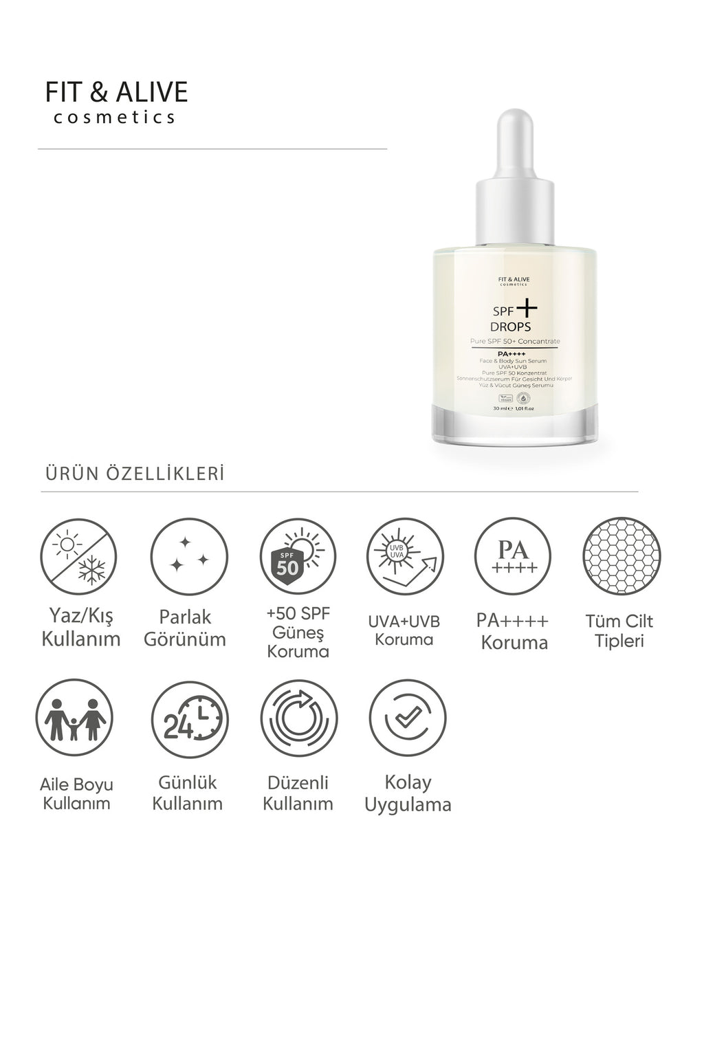 Fitalive Spf 50+ Drops Yüz ve Vücut Güneş Serumu Pa++++