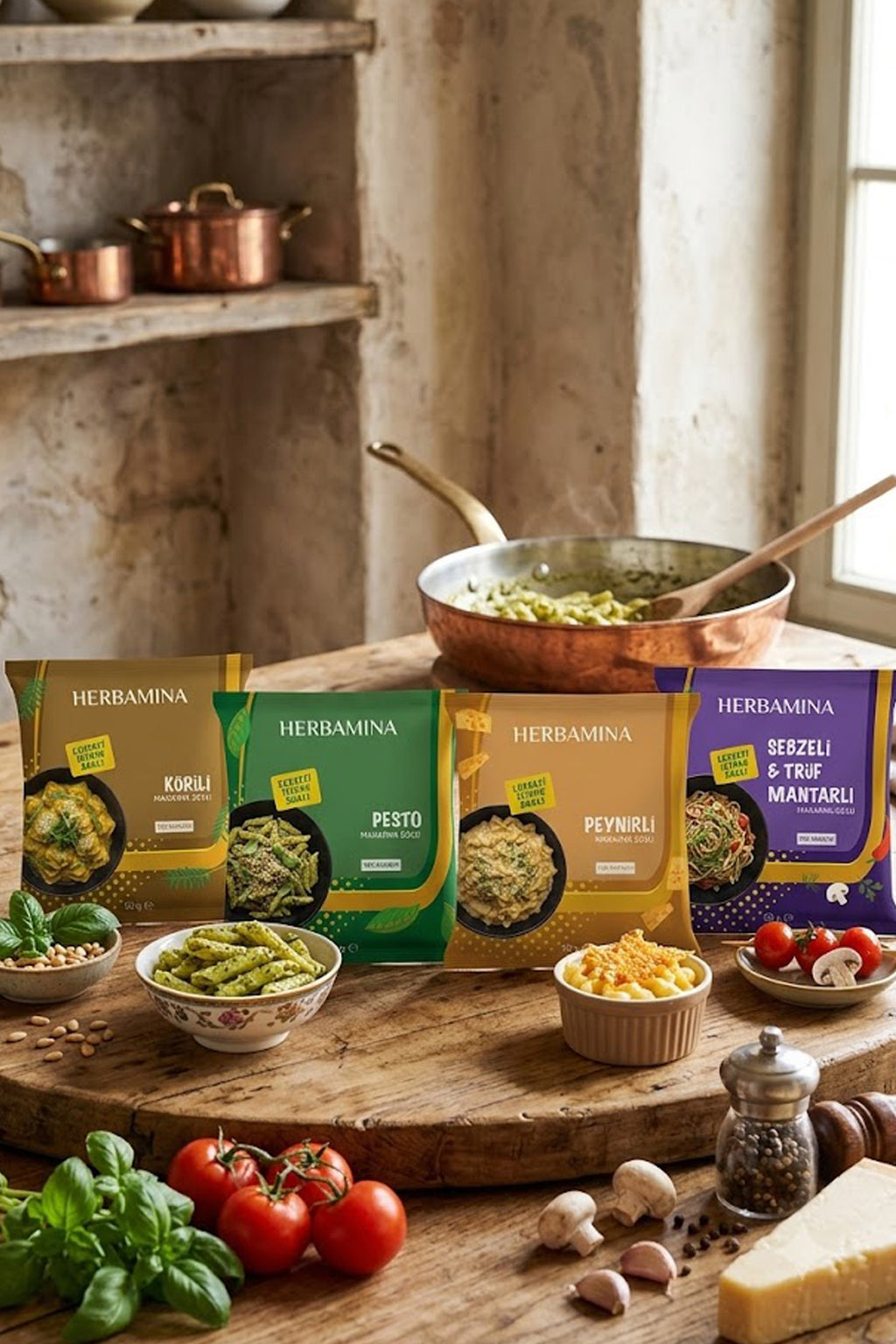 4'lü Pratik Makarna Sosu Seti - Körili, Pesto, Sebzeli & Trüf Mantarlı, Peynirli - 50g x 4 Adet
