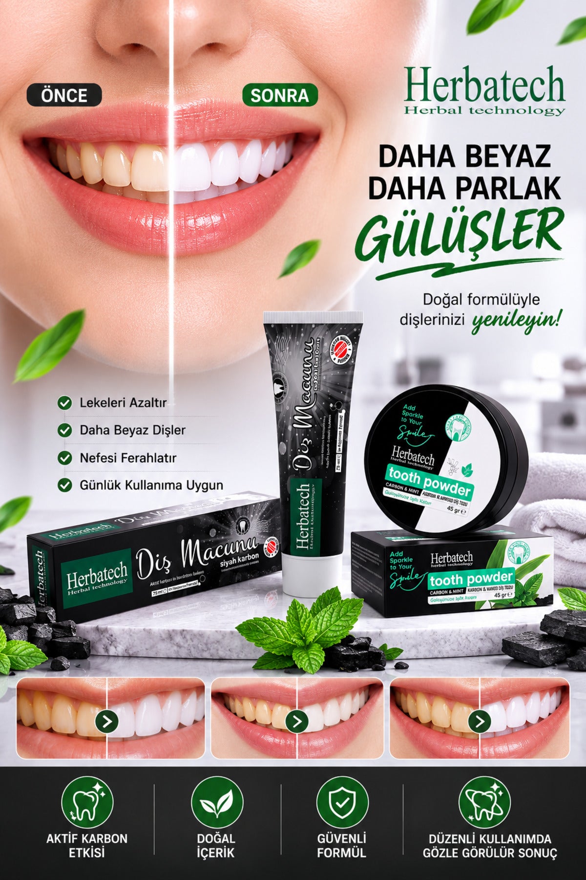 Diş Beyazlatma Seti - Aktif Karbonlu Siyah Diş Macunu 75 ml + Diş Tozu 45 gr