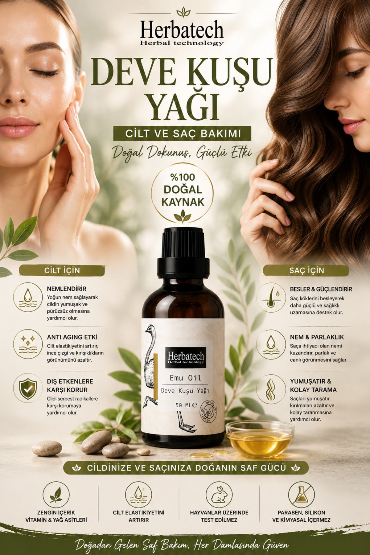 Doğal Deve Kuşu Yağı - Doğal Saf Masaj Saç Ve Cilt Bakım Yağı 50 ml