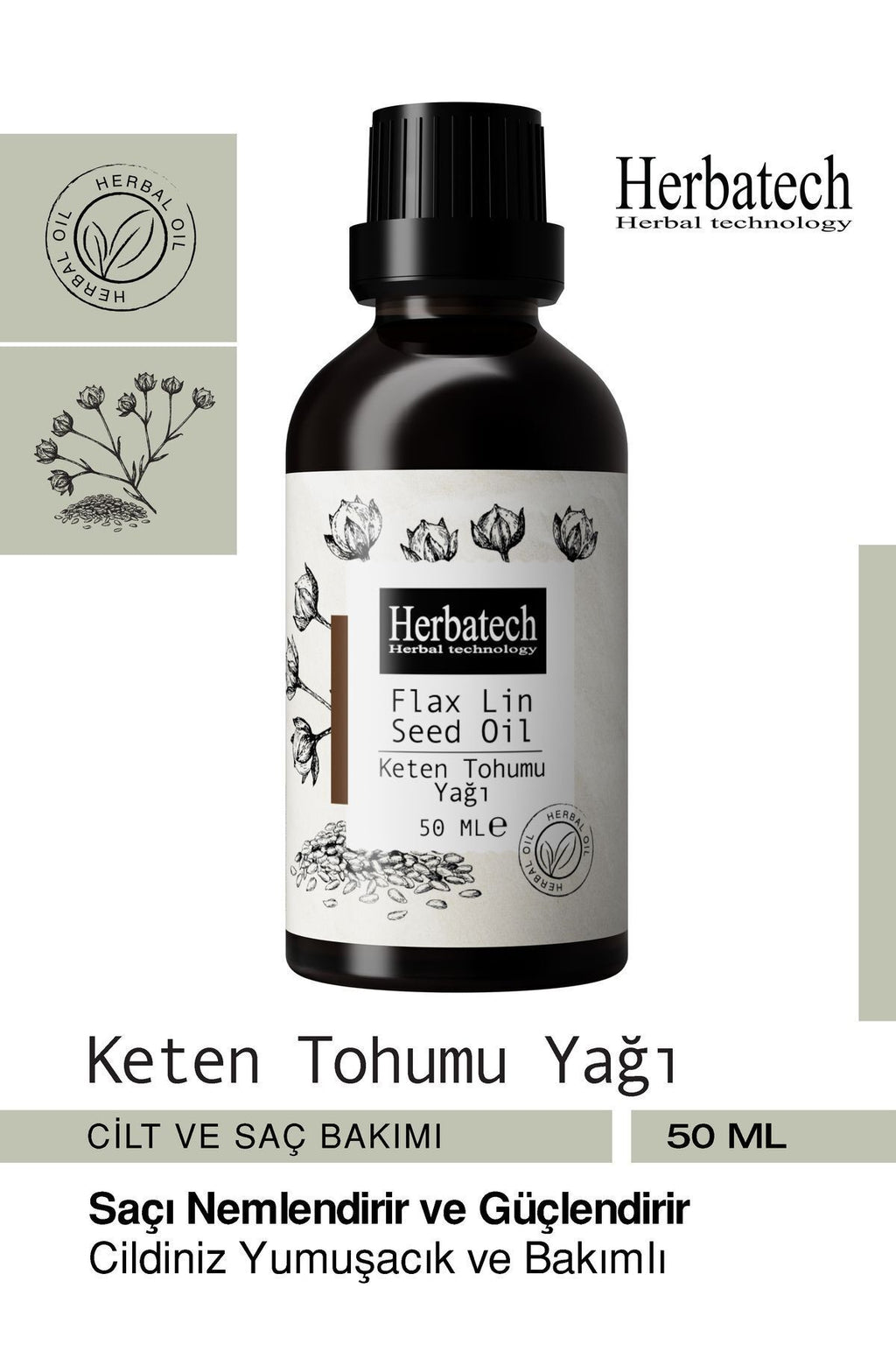 Doğal Keten Tohumu Yağı - Yaşlanma Karşıtı Cilt Ve Saç Bakım Yağı 50 ml