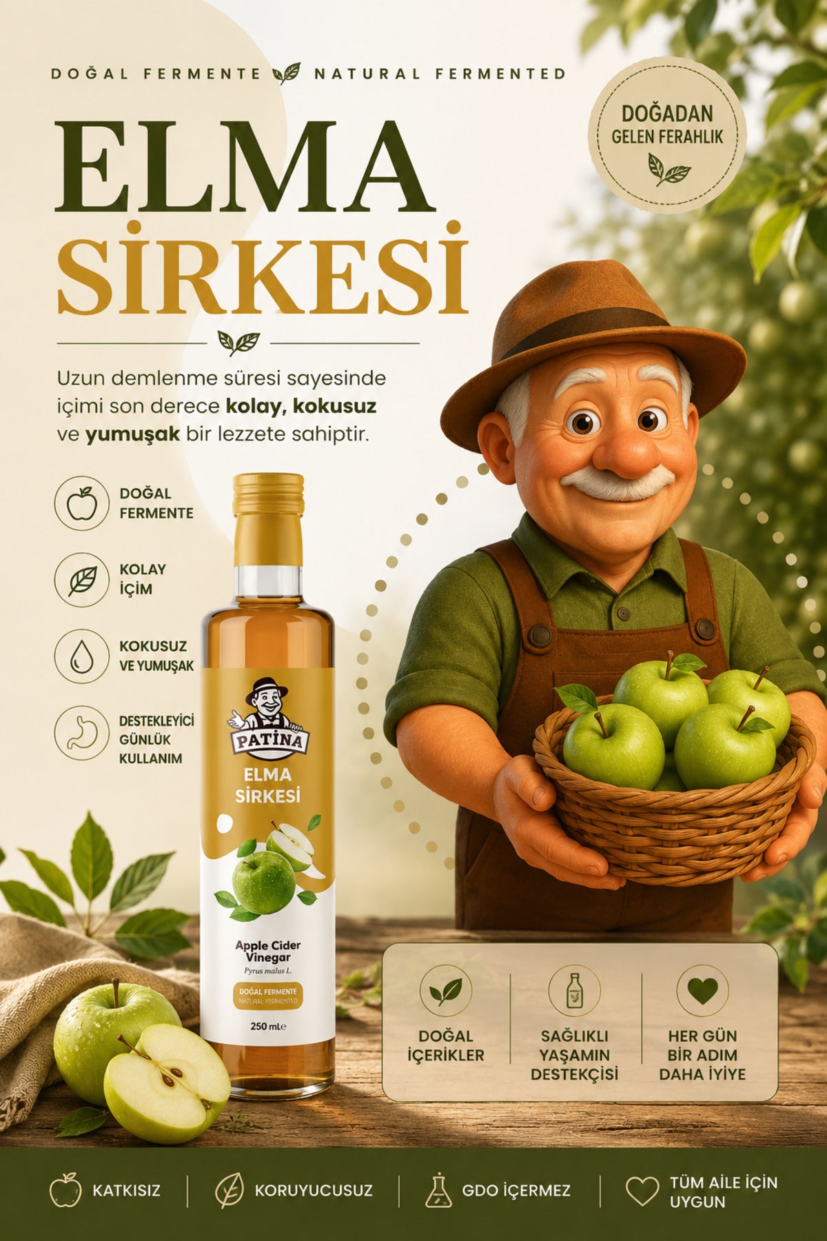 Doğal Yeşil Elma Sirkesi - Katkısız Doğal Fermente Sirke 250 ml