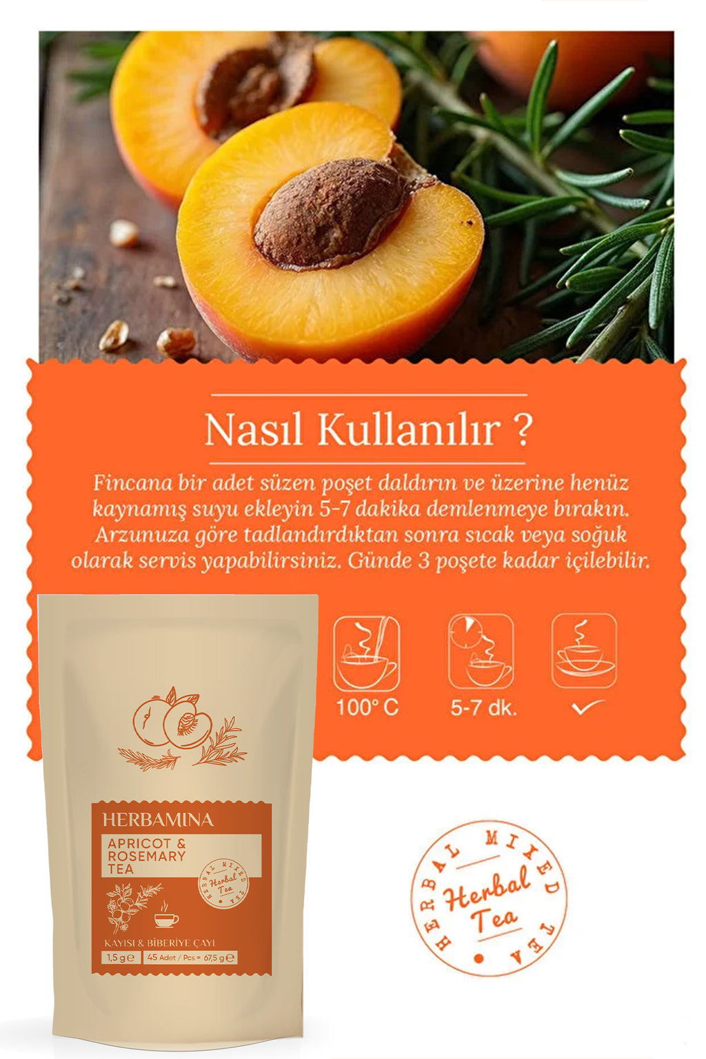 Kayısı & Biberiye Karışık Bitki Çayı (APRİCOT & ROSEMARY TEA) 1,5grx45 Saşet